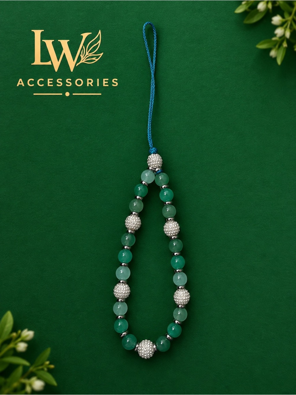 LW Accessories Green Beaded Phone Charm with Silver Accent Beads
